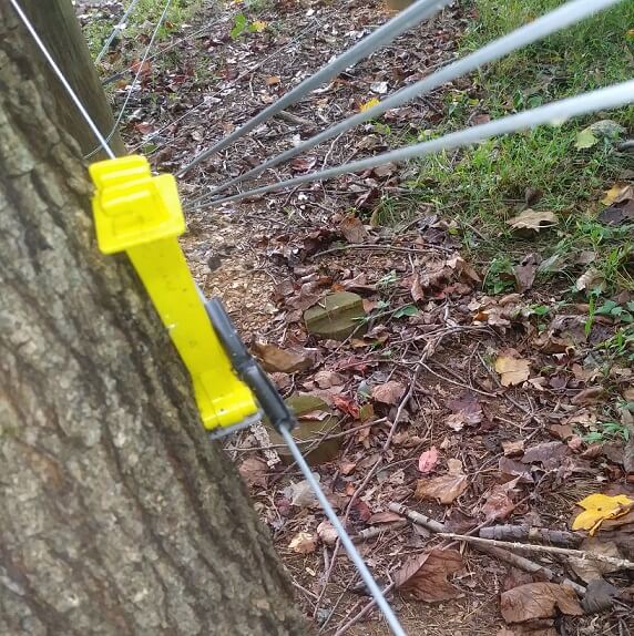 Shows using a 1 inch by 6 inch plastic insulator for a T-Post to separate an electric fence wire from the side of a tree