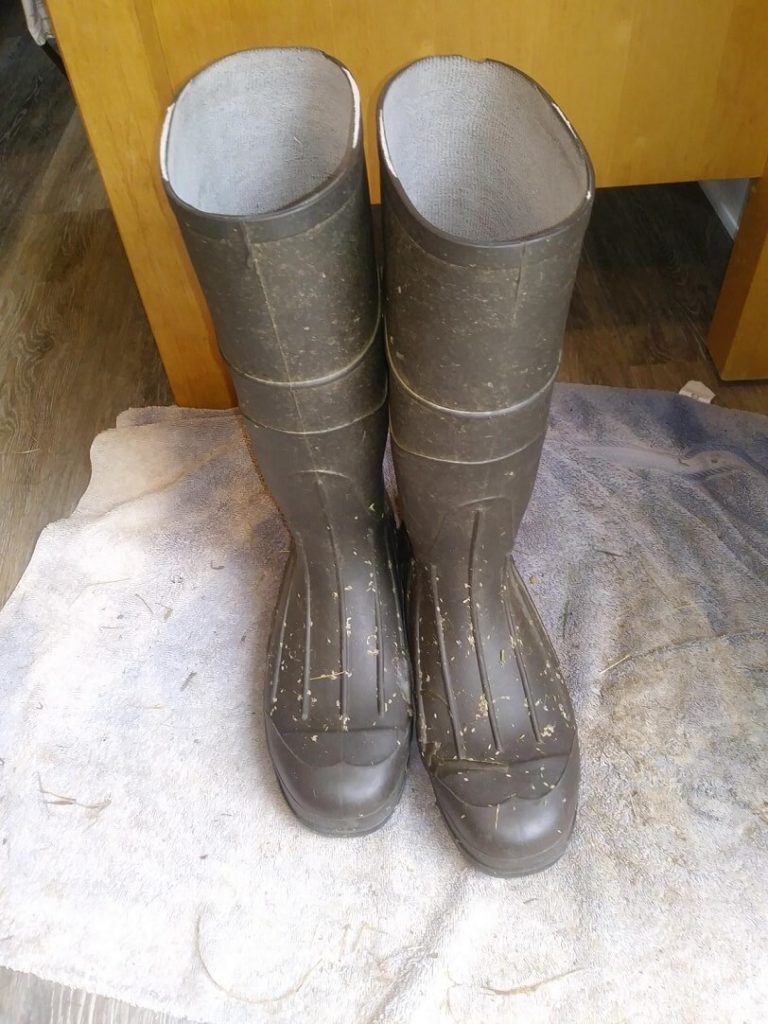 shows brown rubber boots (knee high)